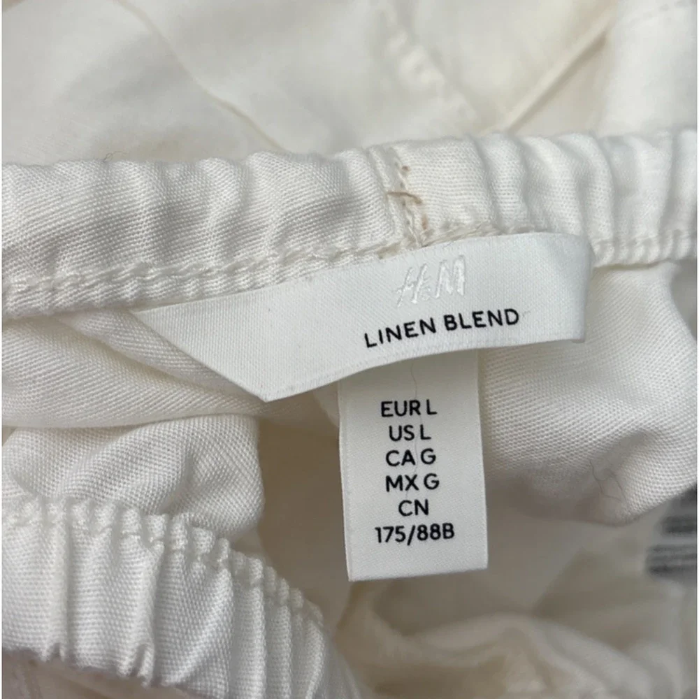 H&M Linen Blend Pants Size Large White Drawstring Wide Leg Lagenlook Minimalist